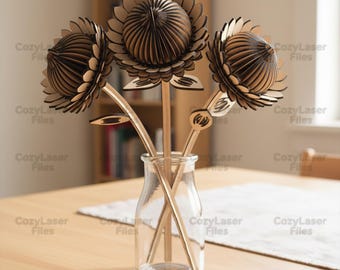 Laser cut decorative Flower with Leaves SVG bundle glowforge wood sunflower svg files Vector laser template file DXF Pdf Eps cnc pattern