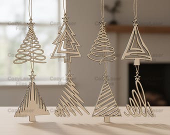 Laser cut files Christmas Tree Decorative Elements Snowflakes Decoration SVG glowforge Vector template DXF cnc pattern