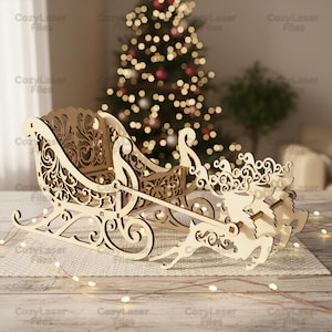 Paquete SVG de decoración navideña de interior con reno y trineo de Papá Noel cortado con láser, archivo SVG de Glowforge, archivo de plantilla láser vectorial, patrón CNC DXF, PDF, Eps