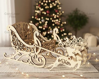 Laser cut Santa Sleigh Reindeer Indoor Christmas Decoration SVG bundle glowforge svg file Vector laser template file DXF Pdf Eps cnc pattern