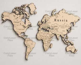 Laser cut files Wooden map whole world laser engraving Art Wall Decor SVG glowforge Earth file Vector template DXF Ai Pdf cnc pattern