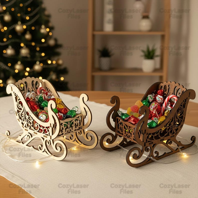 Laser cut files Candy bowl Sleigh of Santa Claus Christmas Decoration SVG bundle glowforge svg Vector laser template DXF Pdf Eps cnc pattern image 1