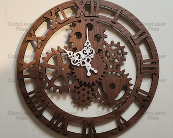 May include: A round, wooden wall clock with a gear design. The clock features Roman numerals and a white, ornate clock hand design. The clock is made of dark brown wood and has the text "CozyLaser Files" repeated around the border.