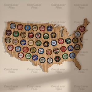 Mapa de tapas de cerveza de EE. UU. de madera cortada con láser, decoración de pared con arte SVG, paquete de archivos Glowforge Earth, archivo de plantilla vectorial DXF Ai Pdf, patrón CNC