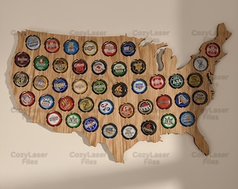 Laser cut Wooden USA Beer Cap Map Art Wall Decor SVG bundle glowforge Earth files Vector template file DXF Ai Pdf cnc pattern