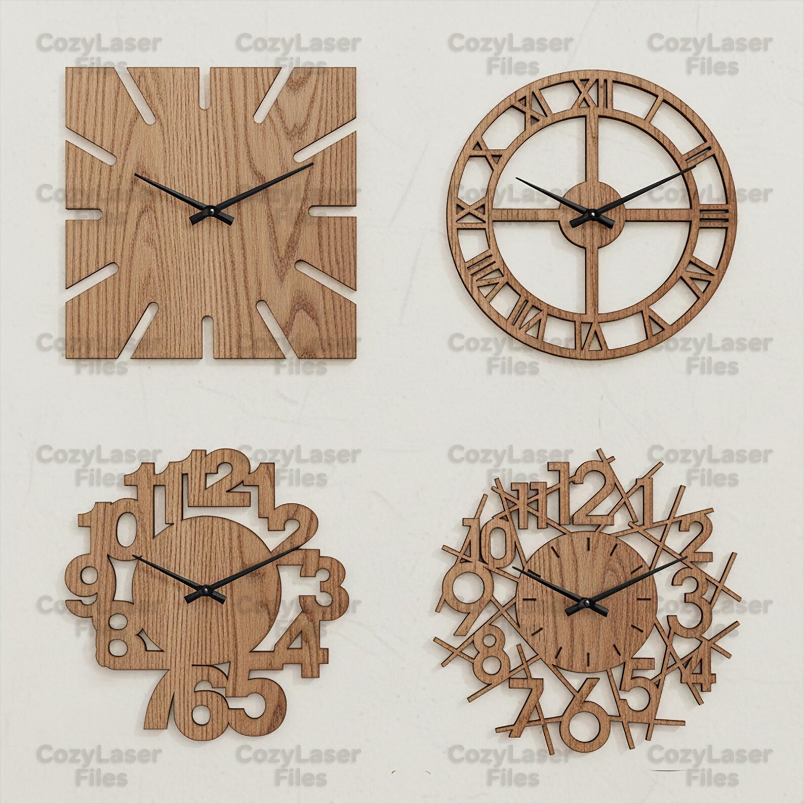 Laser Cut 4 Wall Clock Designs SVG Bundle Files Vector Template DXF CNC ...