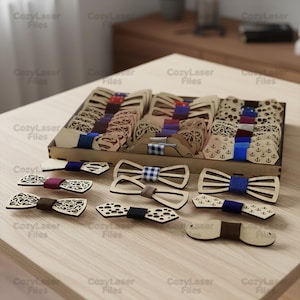 Pajaritas de madera cortadas con láser, rompecabezas 3D SVG, paquete de archivos de pajarita de madera Glowforge, plantilla de corte vectorial DXF, PDF, EPS, patrón CNC