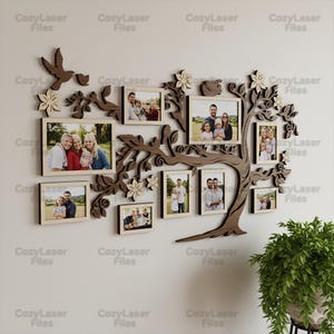 May include: A wooden family tree wall decor with multiple photo frames. The tree is brown with laser-cut details, including leaves, flowers, and a bird. The frames hold various family photos. The text "Cozy Laser Files" is repeated throughout the image.