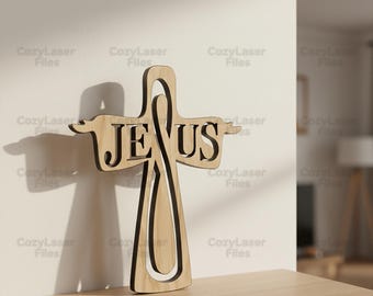 Laser cut wood cross Jesus 2d cross SVG glowforge Christian Catolic statue files Vector template file DXF Pdf Eps cnc pattern