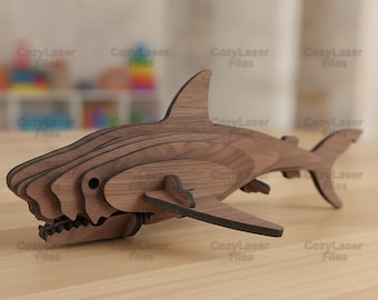 Laser cut Shark kid's toy 3d puzzle SVG fish animal cutting CO2 files Vector template DXF Eps Cdr Ai pattern