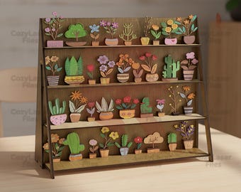 May include: A wooden shelf unit with three tiers, displaying numerous colorful, laser-cut wooden potted plants. The plants include various flowers and cacti, with the text "CozyLaser Files" repeated on the sides.