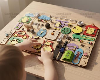 Laser cut Wooden Busy Board for Kids file SVG glowforge wood children toy svg files Vector template DXF Eps cnc pattern