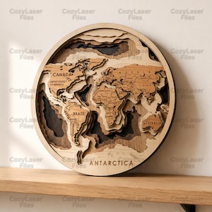 Archivos cortados con láser Mapa del mundo 3D Multicapa Mundo entero Arte Decoración de pared SVG Archivo de la Tierra glowforge Plantilla vectorial DXF Ai Pdf Patrón cnc