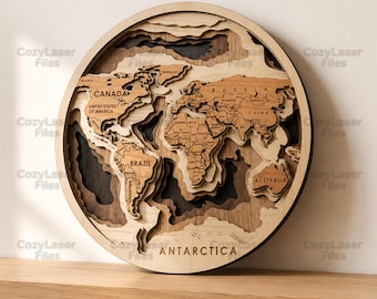 Laser cut files World Map 3D Multilayer whole world Art Wall Decor SVG glowforge Earth file Vector template DXF Ai Pdf cnc pattern