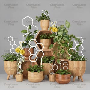May include: A collection of wooden planters with various plants and white geometric trellis supports. The planters are in different sizes and shapes, some with legs, and are arranged on a wooden hexagonal shelf. The plants include daisies and other greenery.
