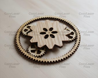 Laser cut Mechanical toy with gears puzzle SVG bundle glowforge wood iris Gearbug svg files Vector template file DXF Pdf Eps cnc pattern