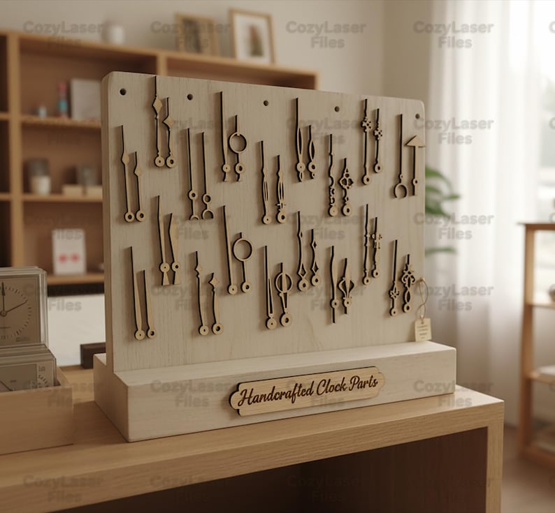May include: A wooden display featuring various laser-cut clock hands in different styles. The display is light-colored with dark brown clock hands. The base of the display has the text "Handcrafted Clock Parts".