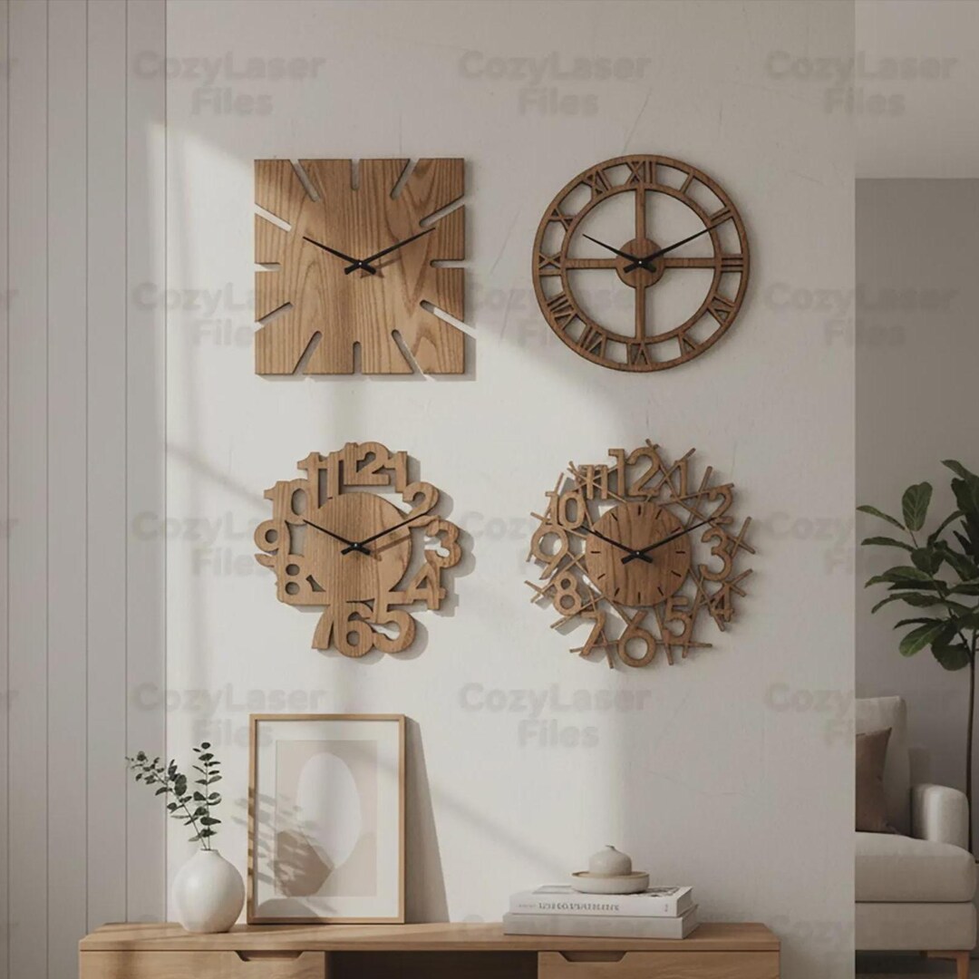 Laser Cut 4 Wall Clock Designs SVG Bundle Files Vector Template DXF CNC ...
