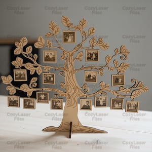May include: A wooden family tree photo display with multiple small picture frames hanging from the branches. The tree is made of light-colored wood and has a decorative design. The text "CozyLaser Files" is printed on the image.