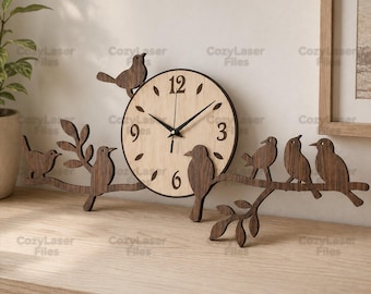 Laser cut birds wall clock designs file SVG glowforge wood watch wall decor files Vector template DXF Eps cnc pattern