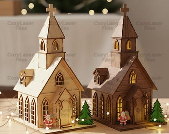 Laser cut files Christmas wooden church holiday decoration SVG glowforge Ney Year decor Vector template DXF Pdf Eps cnc pattern