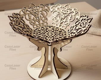 Pliki cięte laserowo Drewniany kosz na cukierki ze stojakiem, układanka 3D, miska na owoce Glowforge SVG, szablon do cięcia wektorowego, plik DXF, plik PDF, plik EPS, wzór CNC