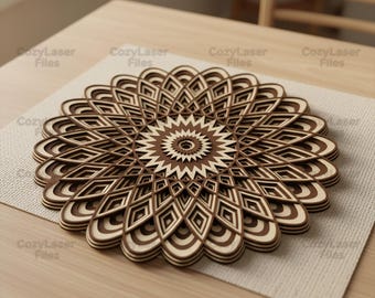 Laser cut Multilayer flower Mandala 3D SVG DXF glowforge wood art files Vector laser template