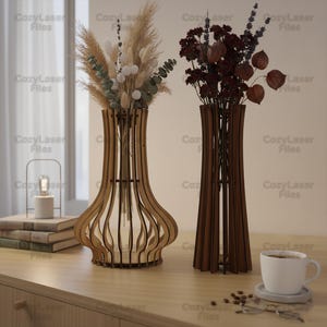 Laser cut set of 2 Decorative Wooden Vases 3d files SVG bundle glowforge wood vase watch svg files Vector laser template DXF Eps cnc pattern