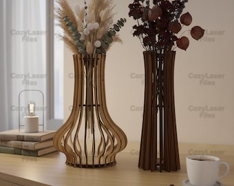 Laser cut set of 2 Decorative Wooden Vases 3d files SVG bundle glowforge wood vase watch svg files Vector laser template DXF Eps cnc pattern