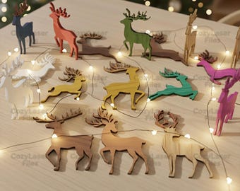 Laser cut files Christmas Reindeer Window Stickers Gift Snowflakes Decoration SVG glowforge svg Vector template DXF Pdf Eps cnc pattern