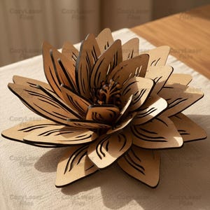 May include: A wooden lotus flower sculpture with layered petals and intricate etched details. The flower is made of light brown wood with dark brown etched lines. The sculpture is a decorative item.