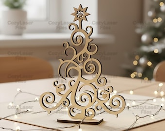 Árbol de Navidad cortado con láser, decoración navideña de madera 3D, paquete SVG, archivo SVG de Glowforge, archivo de plantilla vectorial, patrón CNC DXF, PDF, Eps