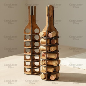 May include: Two wooden wine rack sculptures in the shape of bottles. The racks are made of light brown wood with circular openings and shelves to hold wine corks. The text "CozyLaser Files" is repeated around the image.