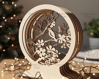 Lasergesneden bestanden meerlaagse 3D Desk Decor 3D-puzzel SVG bundel glowforge houten tafellamp vogel svg vector sjabloon DXF Pdf Eps cnc patroon