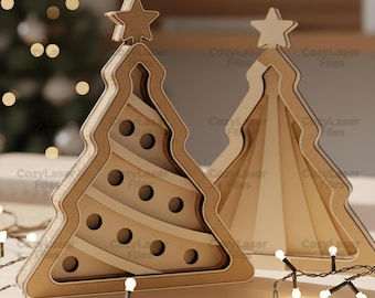 Árboles de Navidad en capas, cortados con láser, decoración navideña 3D. Archivo SVG para Glowforge. Plantilla vectorial. Formatos: DXF, PDF, EPS. Patrón CNC.
