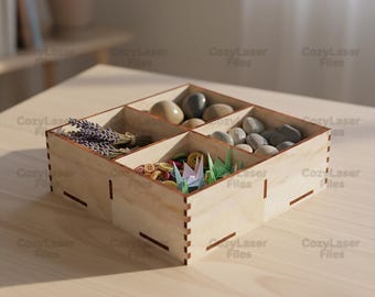 Pudełko organizer wycinane laserowo z 4 sekcjami, pliki SVG, szablon Vector DXF, pliki kosza na owoce Glowforge