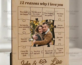 Laser cut Photo Frame 12 Reasons Why I Love You SVG glowforge Personalized Picture files Vector template DXF Pdf Eps cnc pattern