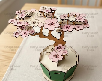 Laser cut decorative flower Bonsai 3D puzzle SVG  glowforge wood plant svg files Vector template file DXF Pdf Eps cnc pattern