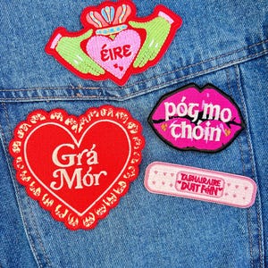 The Grá Patch Bundle | Gaeilge Irish Language iron-ón Embroidery Patches | Claddagh, Grá Mór agus Póg Mo Thóin | Irish Gifts image 1