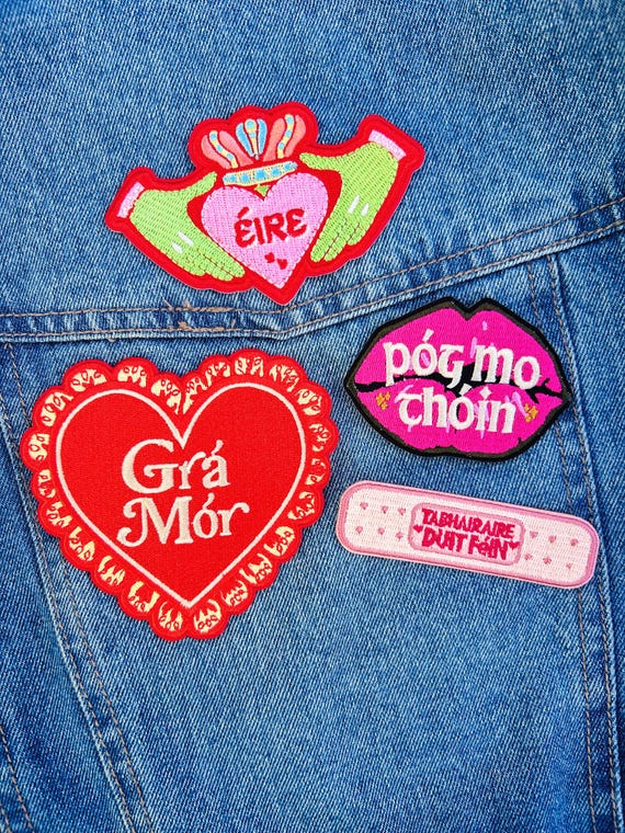 The Grá Patch Bundle | Gaeilge Irish Language iron-ón Embroidery Patches | Claddagh, Grá Mór agus Póg Mo Thóin | Irish Gifts