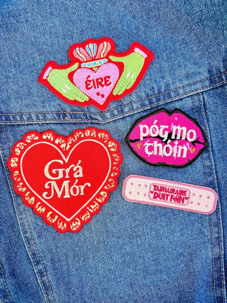 The Grá Patch Bundle | Gaeilge Irish Language iron-ón Embroidery Patches | Claddagh, Grá Mór agus Póg Mo Thóin | Irish Gifts image 1