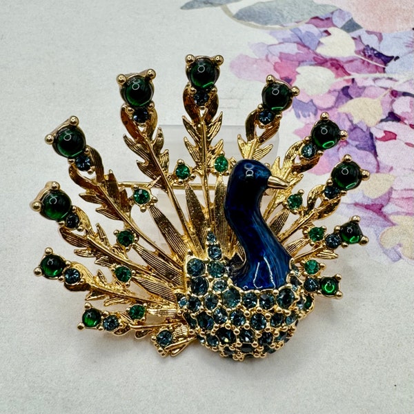 Vintage Peacock Brooch with Cabochon Details - Signed Ciro - Same Design as Marcel Boucher's Iconic Design (See Item Details & Description)