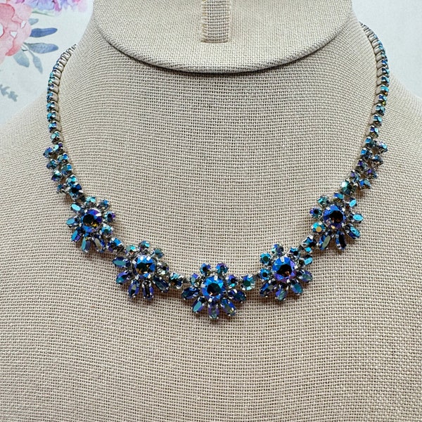 Signed Sherman Blue Aurora Borealis Floral Design Necklace - Timeless Vintage Jewelry - Silver toned setting