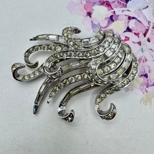 Rare Signed Marcel Boucher Swirl Brooch with Round and Baguette Rhinestone.  Iconic Design from a Master Craftsman - Rhodium Plating