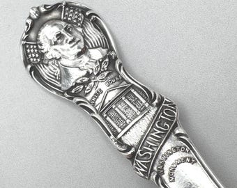 Antique Watson Sterling Silver Demitasse Spoon - Detailed Handle of George Washington, Monument  - White House Etched Bowl on bowl - 9 g