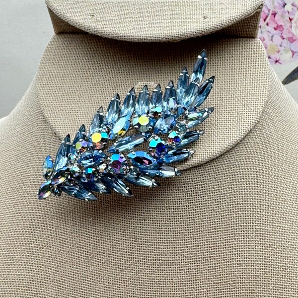 Vintage Signed Sherman Brooch - Dazzling light sapphire & light sapphire Aurora Borealis leaf design - wonderful addition to any collection