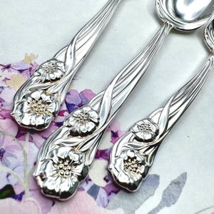 Peut inclure: Gros plan sur des cuillères en argent ornées. Les cuillères présentent un motif floral avec des pétales détaillés et un centre doré. Les manches ont un design incurvé et fluide. Les cuillères sont posées sur un fond floral.