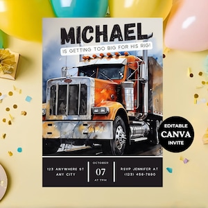 Convite de aniversário de menino de caminhão grande, convite para festa de promoção de homem, convite de construção, download, caminhão semi, qualquer idade, editável, BT001