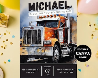 Invitación de cumpleaños para niño con camión de plataforma grande, invitación para fiesta de promoción para hombre, invitación para construcción, descarga, camión semirremolque, cualquier edad, editable, BT001