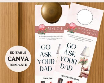 Puede incluir: Colgador de puerta imprimible con fondo rosa y el texto "Manager Out of Office" y "Go Ask Your Dad". El colgador tiene una señal de stop con borde rojo y el texto "MOOF" en el centro. El colgador también tiene una imagen de una lámpara y una silla con flores.